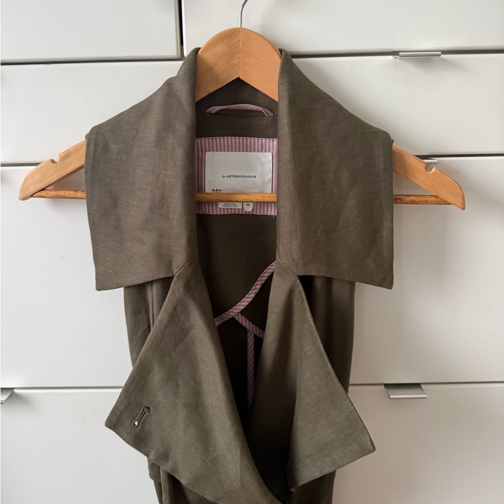 Anthropologie Hollis Tie-Front Trench Vest Olive Green Linen Blend | Size XS - Picture 7 of 10